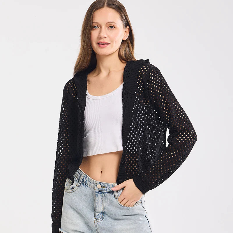 Black Cover Up for Women Summer Mesh Cardigans Button Hoodie Cardigan Solid Thin Cardigans 2024 Long Sleeve Knitted Top Woman