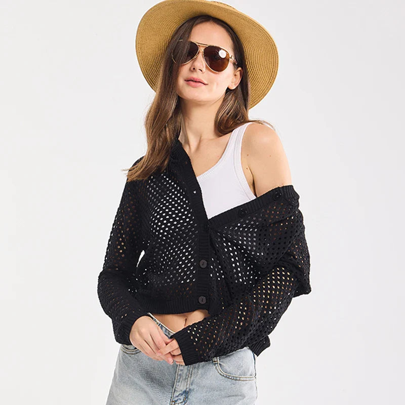 Black Cover Up for Women Summer Mesh Cardigans Button Hoodie Cardigan Solid Thin Cardigans 2024 Long Sleeve Knitted Top Woman