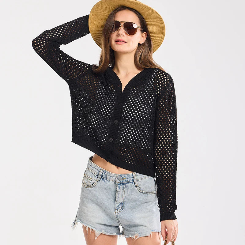 Black Cover Up for Women Summer Mesh Cardigans Button Hoodie Cardigan Solid Thin Cardigans 2024 Long Sleeve Knitted Top Woman