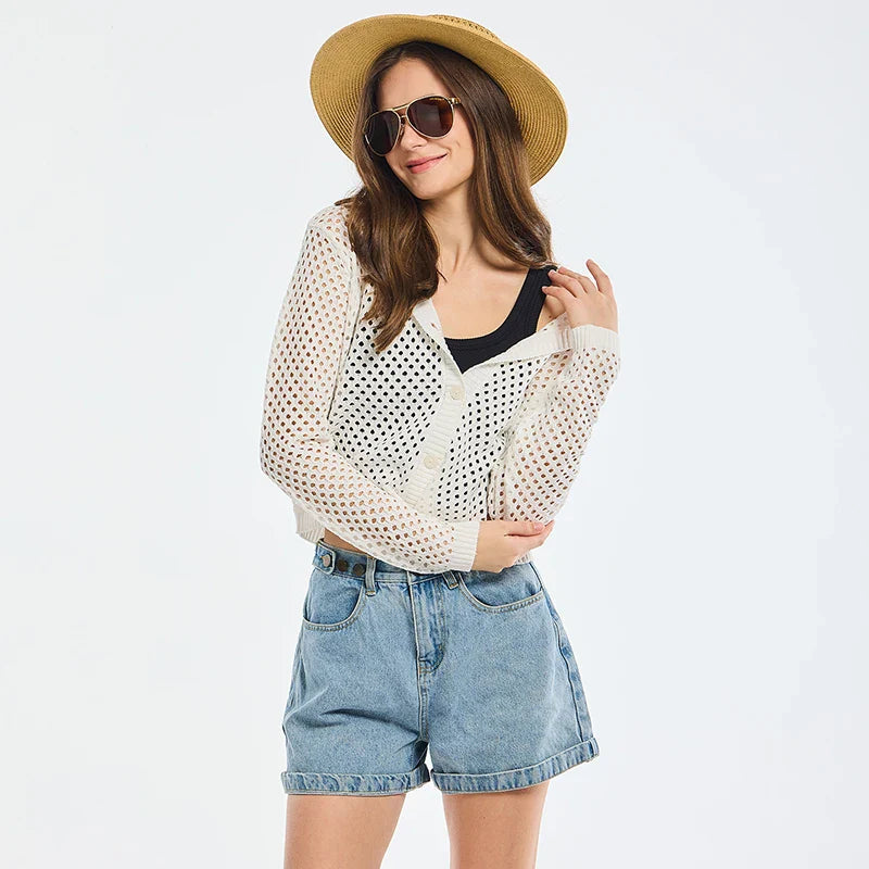 Black Cover Up for Women Summer Mesh Cardigans Button Hoodie Cardigan Solid Thin Cardigans 2024 Long Sleeve Knitted Top Woman