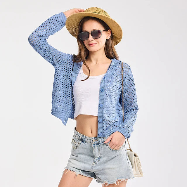 Black Cover Up for Women Summer Mesh Cardigans Button Hoodie Cardigan Solid Thin Cardigans 2024 Long Sleeve Knitted Top Woman