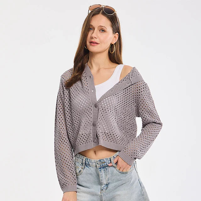 Black Cover Up for Women Summer Mesh Cardigans Button Hoodie Cardigan Solid Thin Cardigans 2024 Long Sleeve Knitted Top Woman